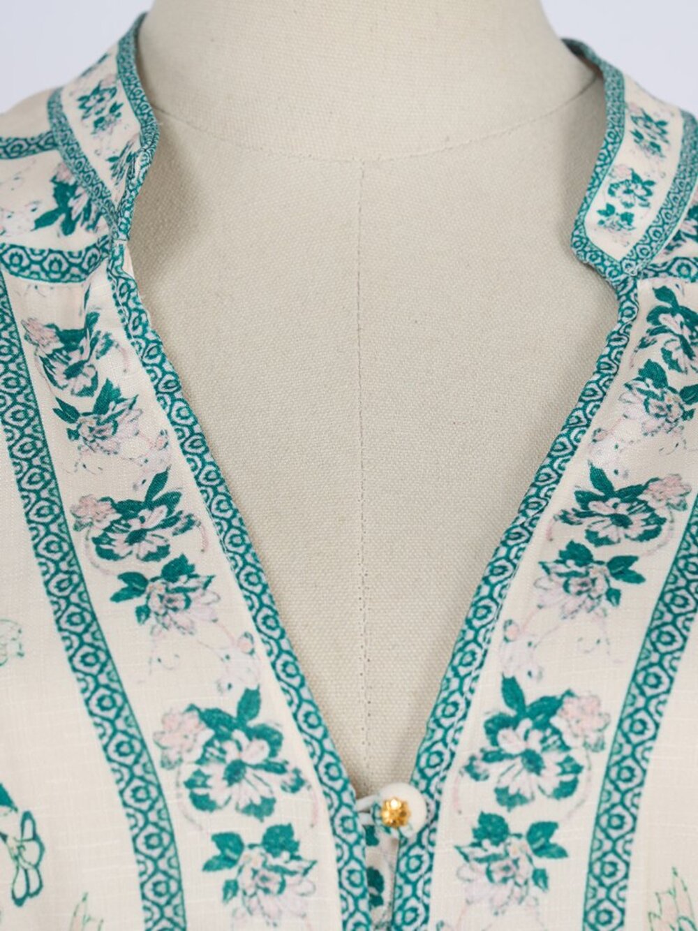 Vintage Cream & Teal Floral Bird Print Prairie Maxi Dress - Picture 6 of 14